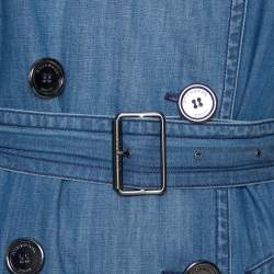 Pre Owned معطف بربري بريت دينم أزرق بصفين أزرار وحزام مقاس متوسط - ميديوم