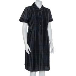 Pre Owned Burberry Navy Blue Checkered Cotton Silk Midi Dress L