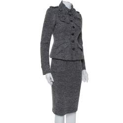 Pre Owned Burberry Grey Boucle Ruched Collared Blazer & Pencil Skirt Set S