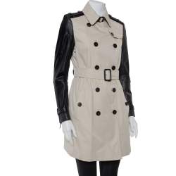 Pre Owned Burberry Beige Cotton & Leather Double Breasted Trench Coat M