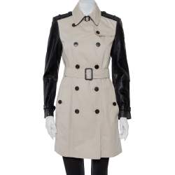Pre Owned Burberry Beige Cotton & Leather Double Breasted Trench Coat M