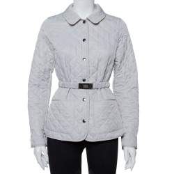 Pre Owned Burberry Silver Synthetic Quilted Belted Collared Jacket M