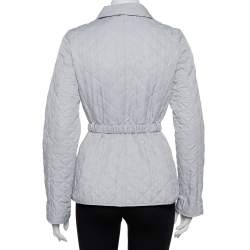 Pre Owned Burberry Silver Synthetic Quilted Belted Collared Jacket M
