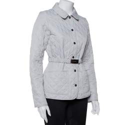 Pre Owned Burberry Silver Synthetic Quilted Belted Collared Jacket M