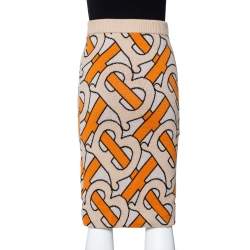 Pre Owned Burberry Beige & Orange Logo Jacquard Wool Midi Skirt S