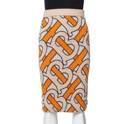 Pre Owned Burberry Beige & Orange Logo Jacquard Wool Midi Skirt S