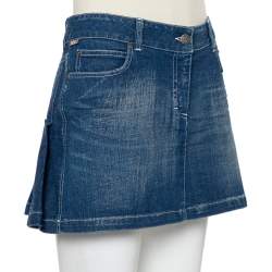 Pre Owned Burberry Navy Blue Denim Pleated Detail Mini Skirt S
