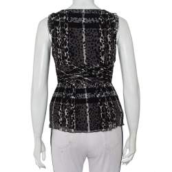 Burberry Black Animal Printed Silk Plunge Neck Draped Peplum Top S