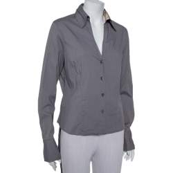 Pre Owned تي شيرت بربري قطن رصاصي رقبة حرف في بياقة بأزرار أمامية مقاس كبير جدًا - إكس لارج