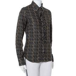 مملوكة مسبقًا Burberry Black Logo Printed Cotton Ruffled Neck Detail Button Front Shirt M