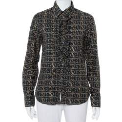 مملوكة مسبقًا Burberry Black Logo Printed Cotton Ruffled Neck Detail Button Front Shirt M