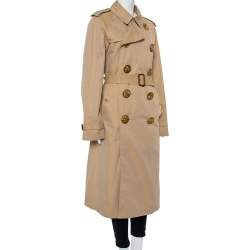 Pre Owned معطف بربري قطن بيج أزرار معدنية مزينة طيور بحزام مقاس كبير جدًا - إكس لارج