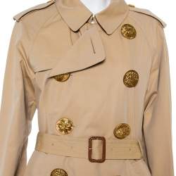 Pre Owned معطف بربري قطن بيج أزرار معدنية مزينة طيور بحزام مقاس كبير جدًا - إكس لارج