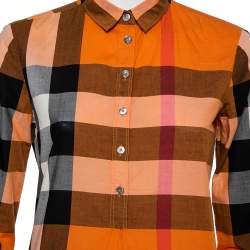 مملوكة مسبقًا بلوزة بربري بريت قطن كاروهات برتقالية بأزرار أمامية مقاس صغير جدًا - إكس سمول