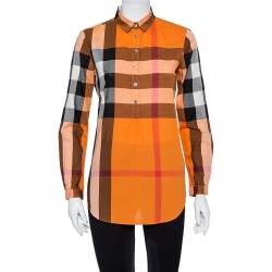 مملوكة مسبقًا بلوزة بربري بريت قطن كاروهات برتقالية بأزرار أمامية مقاس صغير جدًا - إكس سمول