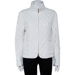 Pre Owned جاكيت بربري خامة صناعية أبيض بياقة منتصبة مقاس متوسط - ميديوم