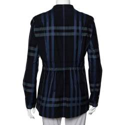 مملوكة مسبقًا Burberry Navy Blue Checkered Cotton Zip Front Stand Collar Top M