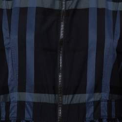 مملوكة مسبقًا Burberry Navy Blue Checkered Cotton Zip Front Stand Collar Top M