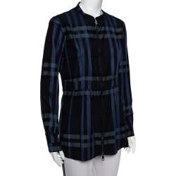 مملوكة مسبقًا Burberry Navy Blue Checkered Cotton Zip Front Stand Collar Top M
