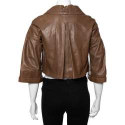 Pre Owned جاكيت بربري جلد بني مزين طيات أزرار أمامية قصير مقاس صغير (سمول)