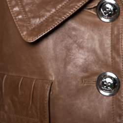 Pre Owned جاكيت بربري جلد بني مزين طيات أزرار أمامية قصير مقاس صغير (سمول)