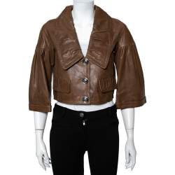 Pre Owned جاكيت بربري جلد بني مزين طيات أزرار أمامية قصير مقاس صغير (سمول)