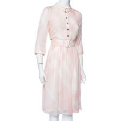 Pre Owned Burberry Pink Checkered Silk Button Front Belted Dress M
