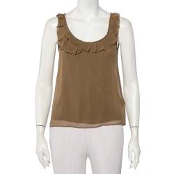 Burberry Brit Khaki Silk Ruffle Neck Detail Sleeveless Top XXS