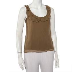 Burberry Brit Khaki Silk Ruffle Neck Detail Sleeveless Top XXS