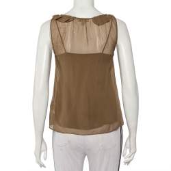 Burberry Brit Khaki Silk Ruffle Neck Detail Sleeveless Top XXS