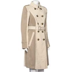 Pre Owned Burberry Beige Paneled Linen Double Breasted Belted Trench Coat L