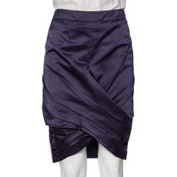 Pre Owned Burberry Navy Blue Satin Pleated Wrap Detail Pencil Skirt S