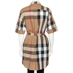 Pre Owned Burberry Brit Beige Vintage Check Cotton Button Front Belted Shirt Dress M