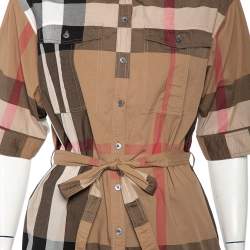 Pre Owned Burberry Brit Beige Vintage Check Cotton Button Front Belted Shirt Dress M