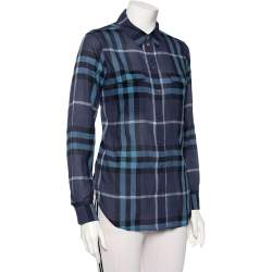 Pre Owned Burberry Navy Blue Checkered Cotton Button Front Shirt M