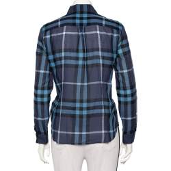 Pre Owned Burberry Navy Blue Checkered Cotton Button Front Shirt M