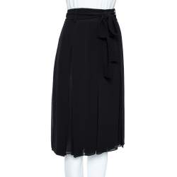 Pre Owned Burberry Black Georgette Pleated Belted Skirt M