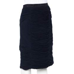 Pre Owned Burberry Navy Blue Chiffon Paneled Ruched Pencil Skirt M