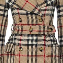 Pre Owned Burberry Beige Novacheck Wool Double Breasted Trench Coat XS
