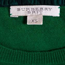 Pre Owned Burberry Brit Green Knit Checked Logo Trim Detail Crewneck Top XS 
