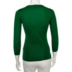 Pre Owned Burberry Brit Green Knit Checked Logo Trim Detail Crewneck Top XS 
