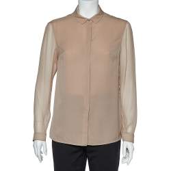 Pre Owned Burberry Tan Silk Crepe Long Sleeve Button Front Blouse S