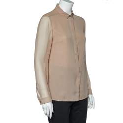 Pre Owned Burberry Tan Silk Crepe Long Sleeve Button Front Blouse S
