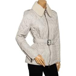 مملوكة مسبقًا Burberry Light Grey Synthetic Diamond Quilted Contrast Collar Jacket M