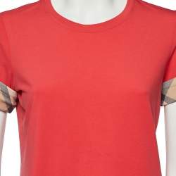 مملوكة مسبقًا Burberry Brit Pink Cotton Check Sleeve Cuff Detail Crewneck T-Shirt M