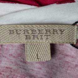 Pre Owned تي شيرت بربري بريت قطن مطبوع بالشعار وردي رقبة واسعة مقاس كبير - لار ج