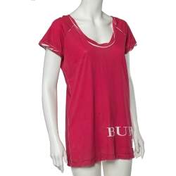 Pre Owned تي شيرت بربري بريت قطن مطبوع بالشعار وردي رقبة واسعة مقاس كبير - لارج