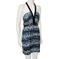 مملوكة مسبقًا فستان بربري قصير حافة جلد وحرير مطبوع أزرق مقاس متوسط