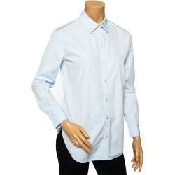 Pre Owned قميص بربري قطن أزرق مزين مطرز شعار الماركة أزرار أمامية مقاس صغير جداً (اكس سمول)