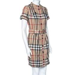 Pre Owned Burberry Brit Beige Checkered Wool Button Front Belted Dress M
